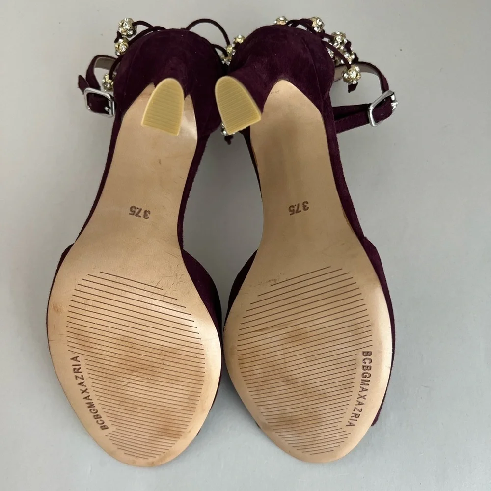 BCBGMAXAZRIA Burgundy Suede Crystal Beaded Fringe Peep Toe Heels 37.5 US 7.5